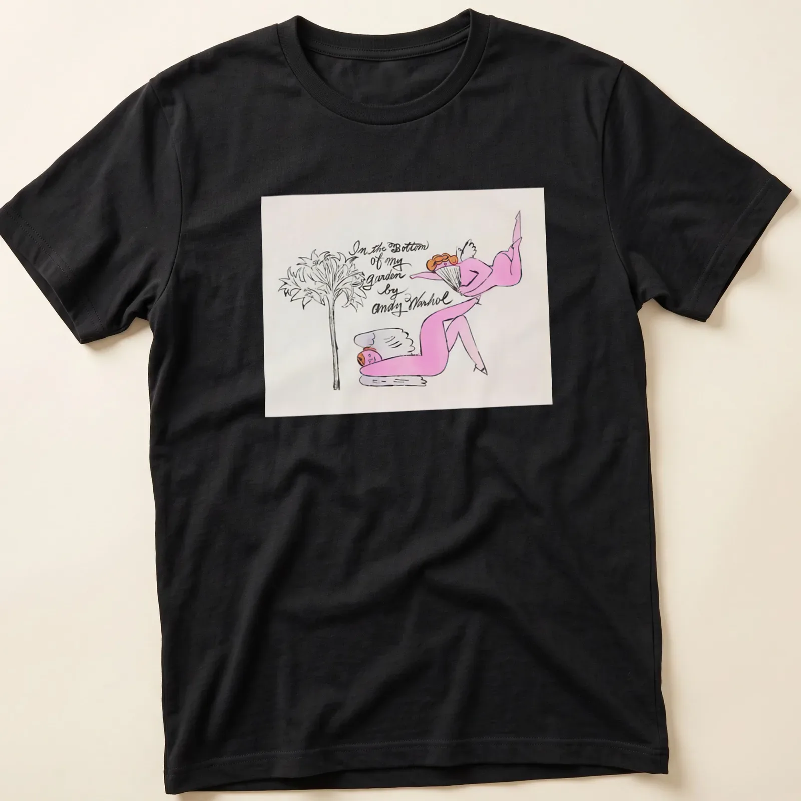 Line-art t-shirt depicting a whimsical garden scene by Andy Warhol in pink, black, and green. — printed on a unisex t-shirt
