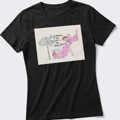 Line-art t-shirt depicting a whimsical garden scene by Andy Warhol in pink, black, and green. — printed on a women's shirt