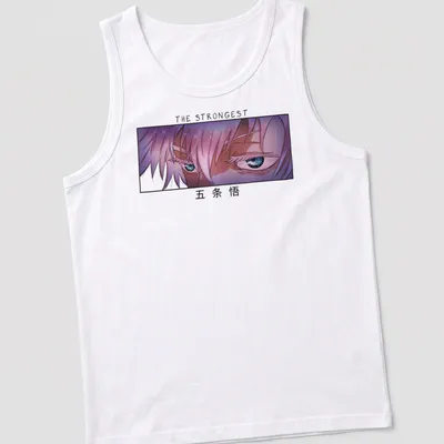 Anime-style t-shirt featuring a white-haired character with the text 'THE STRONGEST 五条悟'. — printed on a tank top