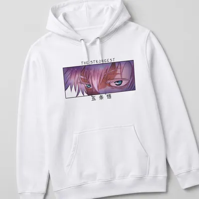 Anime-style t-shirt featuring a white-haired character with the text 'THE STRONGEST 五条悟'. — printed on a unisex hoodie