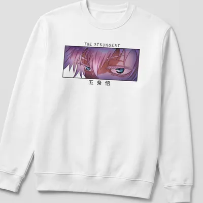 Anime-style t-shirt featuring a white-haired character with the text 'THE STRONGEST 五条悟'. — printed on a unisex sweatshirt