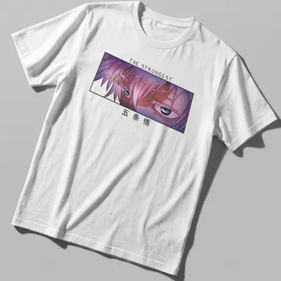 Anime-style t-shirt featuring a white-haired character with the text 'THE STRONGEST 五条悟'.