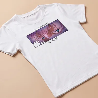 Anime-style t-shirt featuring a white-haired character with the text 'THE STRONGEST 五条悟'. — printed on a women's shirt