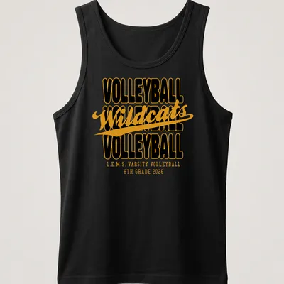 Black and gold Wildcats volleyball shirt with collegiate-style text — printed on a tank top