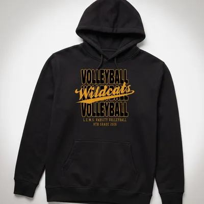 Black and gold Wildcats volleyball shirt with collegiate-style text — printed on a unisex hoodie