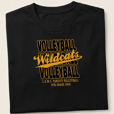 Black and gold Wildcats volleyball shirt with collegiate-style text