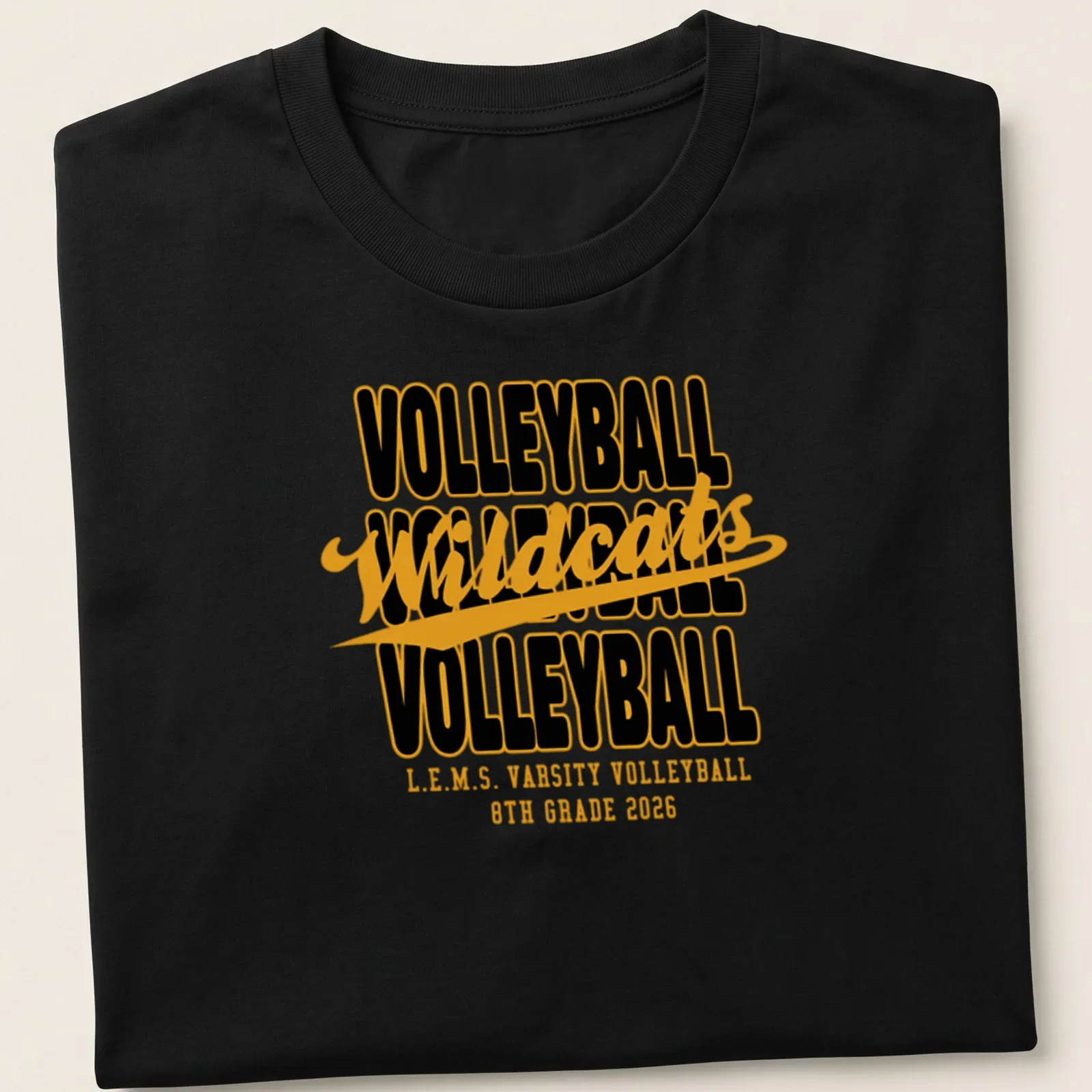 Black and gold Wildcats volleyball shirt with collegiate-style text — printed on a unisex t-shirt