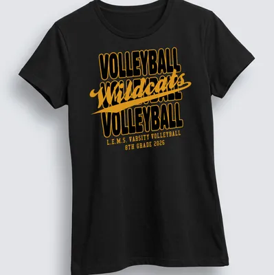 Black and gold Wildcats volleyball shirt with collegiate-style text — printed on a women's shirt