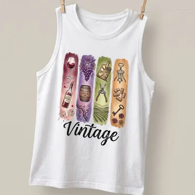Illustrative wine-themed vintage t-shirt featuring grapes, bottle, and glass — printed on a tank top