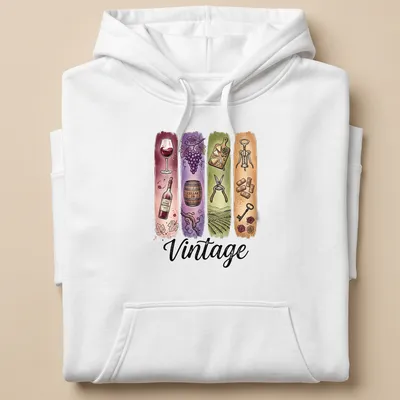 Illustrative wine-themed vintage t-shirt featuring grapes, bottle, and glass — printed on a unisex hoodie