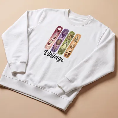 Illustrative wine-themed vintage t-shirt featuring grapes, bottle, and glass — printed on a unisex sweatshirt