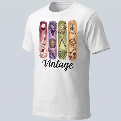Illustrative wine-themed vintage t-shirt featuring grapes, bottle, and glass
