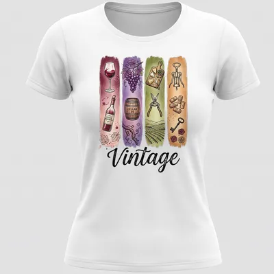 Illustrative wine-themed vintage t-shirt featuring grapes, bottle, and glass — printed on a women's shirt
