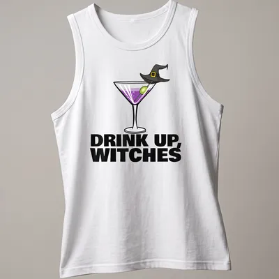 Cartoon design of a cocktail drink with the text Drink Up, Witches in purple and green — printed on a tank top