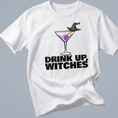 Cartoon design of a cocktail drink with the text Drink Up, Witches in purple and green