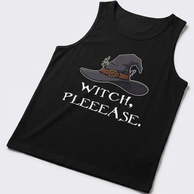 Cartoon witch hat with green leaves and crystal in black, brown, green, and purple — printed on a tank top