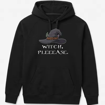 Cartoon witch hat with green leaves and crystal in black, brown, green, and purple — printed on a unisex hoodie