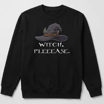 Cartoon witch hat with green leaves and crystal in black, brown, green, and purple — printed on a unisex sweatshirt