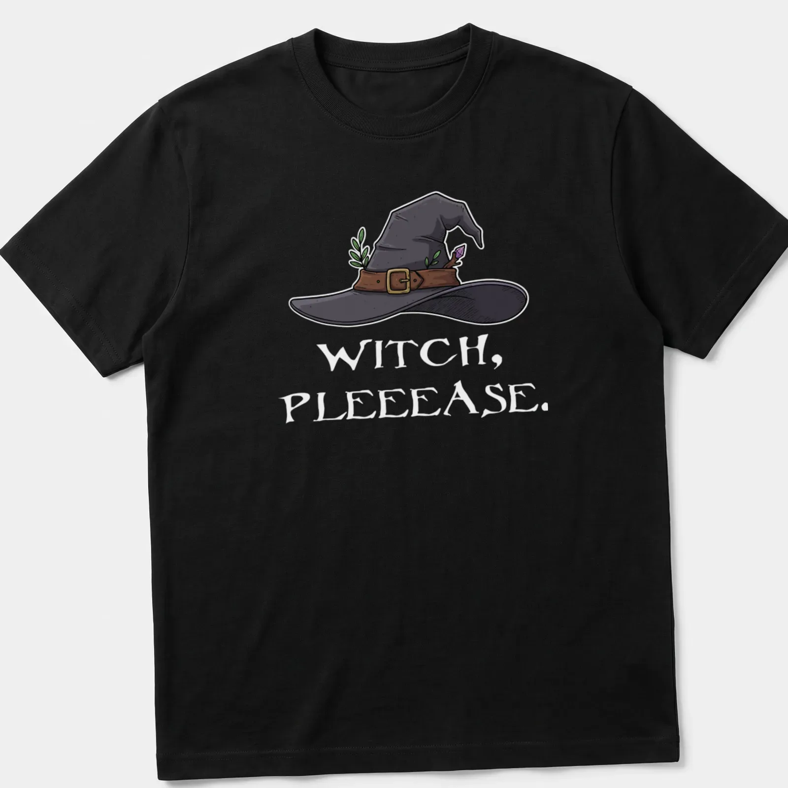 Cartoon witch hat with green leaves and crystal in black, brown, green, and purple — printed on a unisex t-shirt
