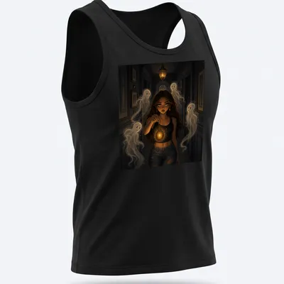 Realistic fantasy print of a witch with a lantern surrounded by ghosts in dark shades — printed on a tank top