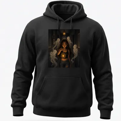 Realistic fantasy print of a witch with a lantern surrounded by ghosts in dark shades — printed on a unisex hoodie