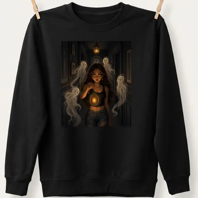 Realistic fantasy print of a witch with a lantern surrounded by ghosts in dark shades — printed on a unisex sweatshirt