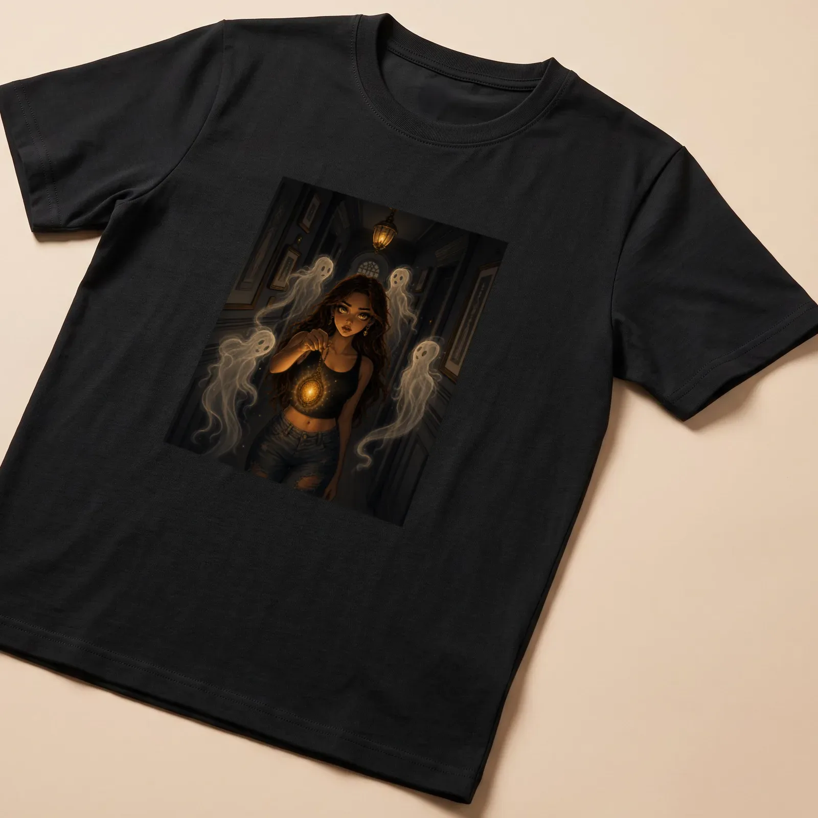 Realistic fantasy print of a witch with a lantern surrounded by ghosts in dark shades — printed on a unisex t-shirt