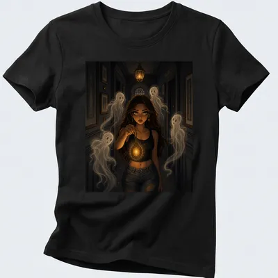 Realistic fantasy print of a witch with a lantern surrounded by ghosts in dark shades — printed on a women's shirt