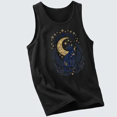 Black cat with celestial moon phases in vintage botanical style — printed on a tank top