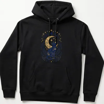 Black cat with celestial moon phases in vintage botanical style — printed on a unisex hoodie