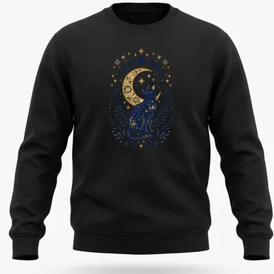 Black cat with celestial moon phases in vintage botanical style — printed on a unisex sweatshirt