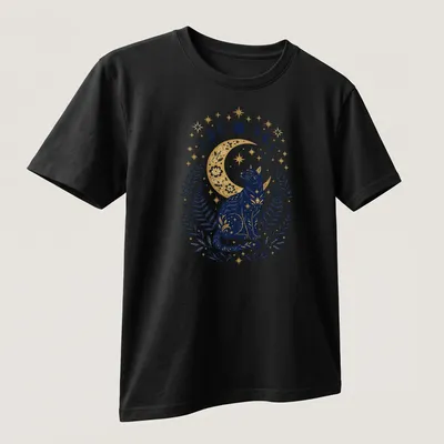 Black cat with celestial moon phases in vintage botanical style — printed on a unisex t-shirt (angled view)