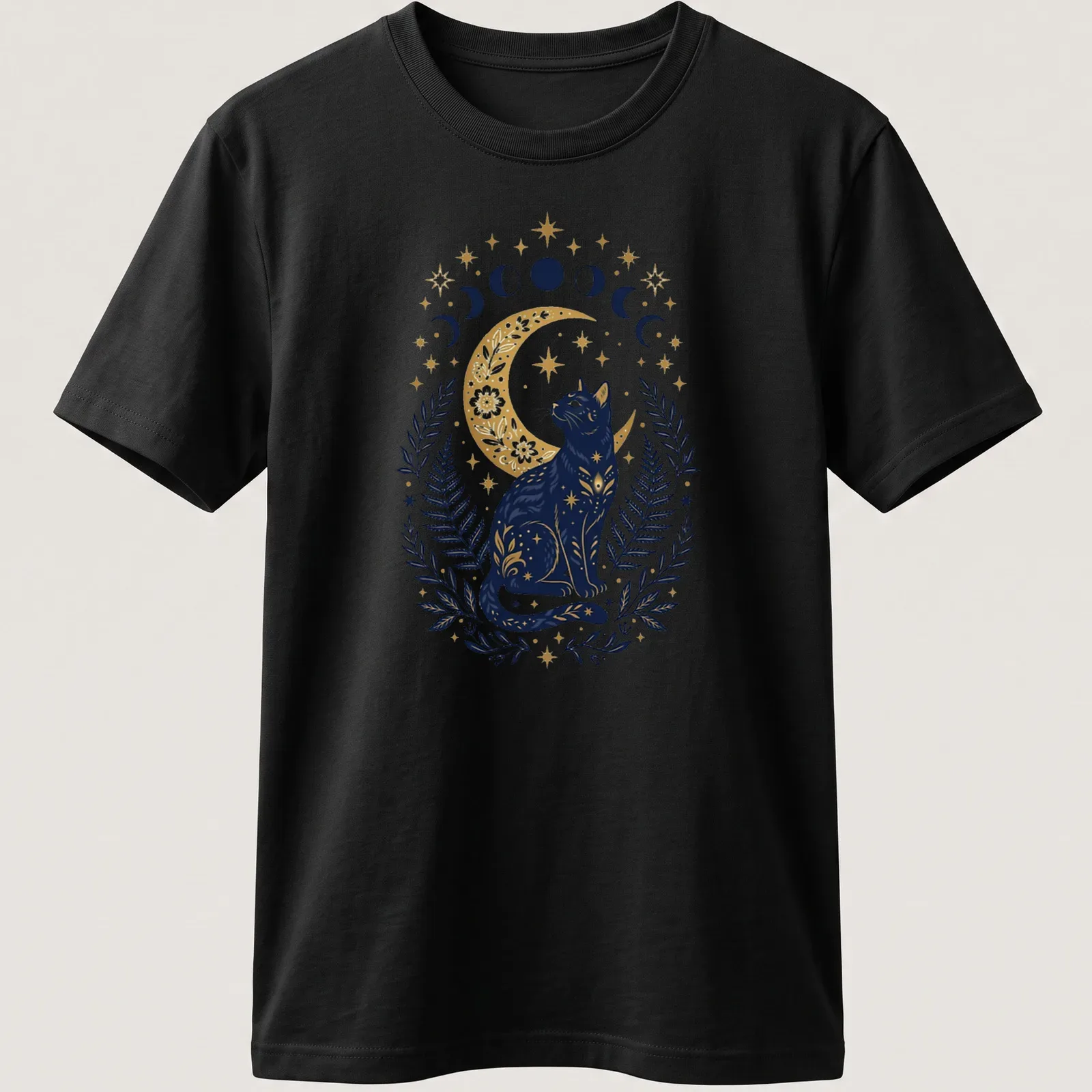 Black cat with celestial moon phases in vintage botanical style — printed on a unisex t-shirt