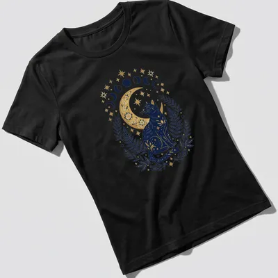 Black cat with celestial moon phases in vintage botanical style — printed on a women's shirt