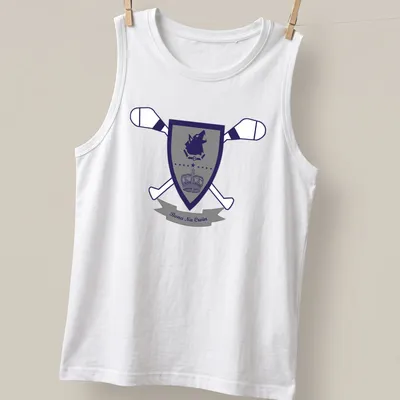 Emblematic design of a wolf with 'Bona Na Croin' text in navy and gray — printed on a tank top