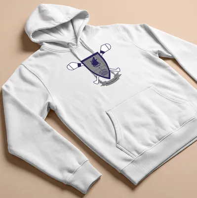 Emblematic design of a wolf with 'Bona Na Croin' text in navy and gray — printed on a unisex hoodie