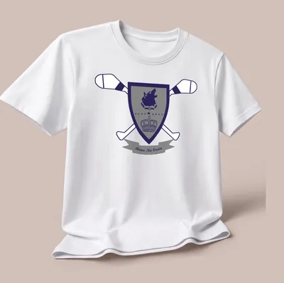 Emblematic design of a wolf with 'Bona Na Croin' text in navy and gray — printed on a unisex t-shirt (angled view)