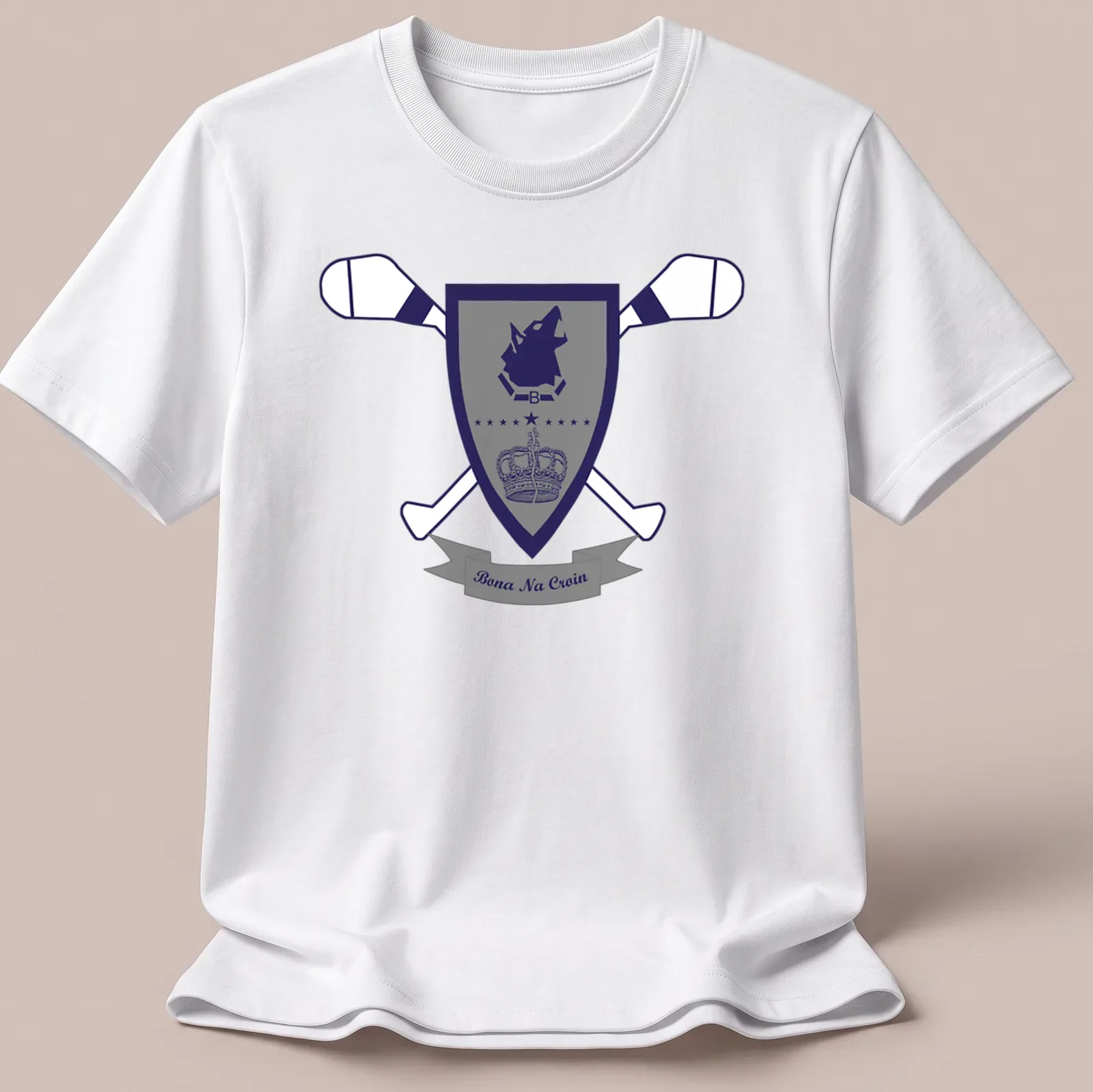 Emblematic design of a wolf with 'Bona Na Croin' text in navy and gray — printed on a unisex t-shirt