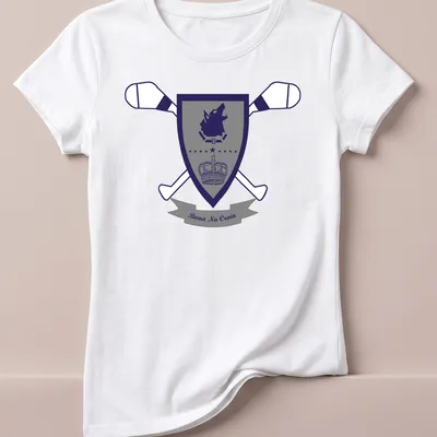 Emblematic design of a wolf with 'Bona Na Croin' text in navy and gray — printed on a women's shirt