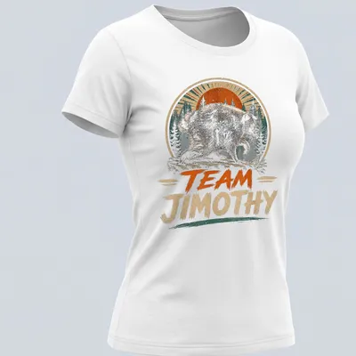 Vintage distressed t-shirt with a wolf design and the words 'TEAM JIMOTHY' — printed on a women's shirt