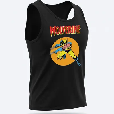 Comic style Wolverine graphic in yellow, blue, black, and orange colors — printed on a tank top