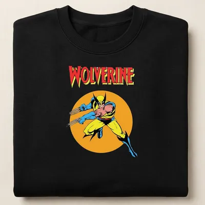 Comic style Wolverine graphic in yellow, blue, black, and orange colors — printed on a unisex sweatshirt