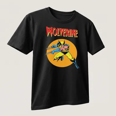 Comic style Wolverine graphic in yellow, blue, black, and orange colors — printed on a unisex t-shirt (angled view)