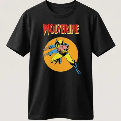 Comic style Wolverine graphic in yellow, blue, black, and orange colors