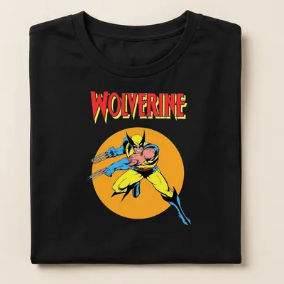 Comic style Wolverine graphic in yellow, blue, black, and orange colors — printed on a women's shirt