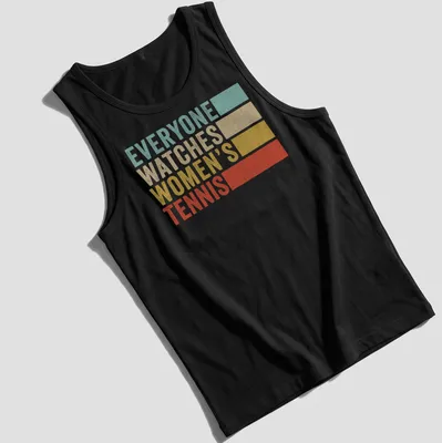 Retro distressed Women's Tennis t-shirt with bold text in light blue and mustard — printed on a tank top