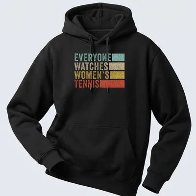 Retro distressed Women's Tennis t-shirt with bold text in light blue and mustard — printed on a unisex hoodie