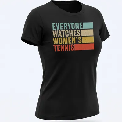 Retro distressed Women's Tennis t-shirt with bold text in light blue and mustard — printed on a women's shirt