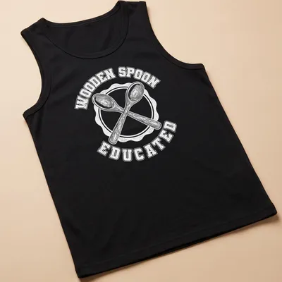 Wooden Spoon Educated shirt with simple typography and a wooden spoon illustration. — printed on a tank top