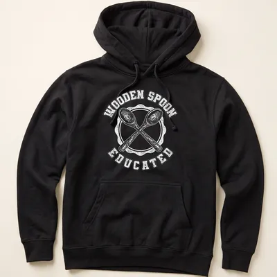 Wooden Spoon Educated shirt with simple typography and a wooden spoon illustration. — printed on a unisex hoodie